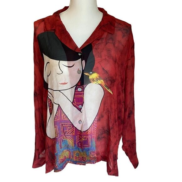 Chico’s Red Silk Graphic Asian Print Blouse Size Large NWT - Picture 11 of 11